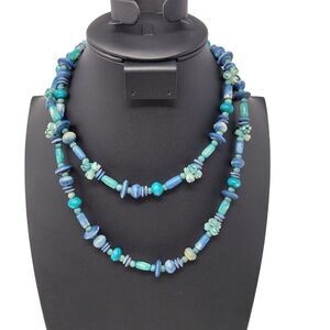 Matinee Beaded Necklace 20" Blue Green Watercolor Carved Ethnic African Beach